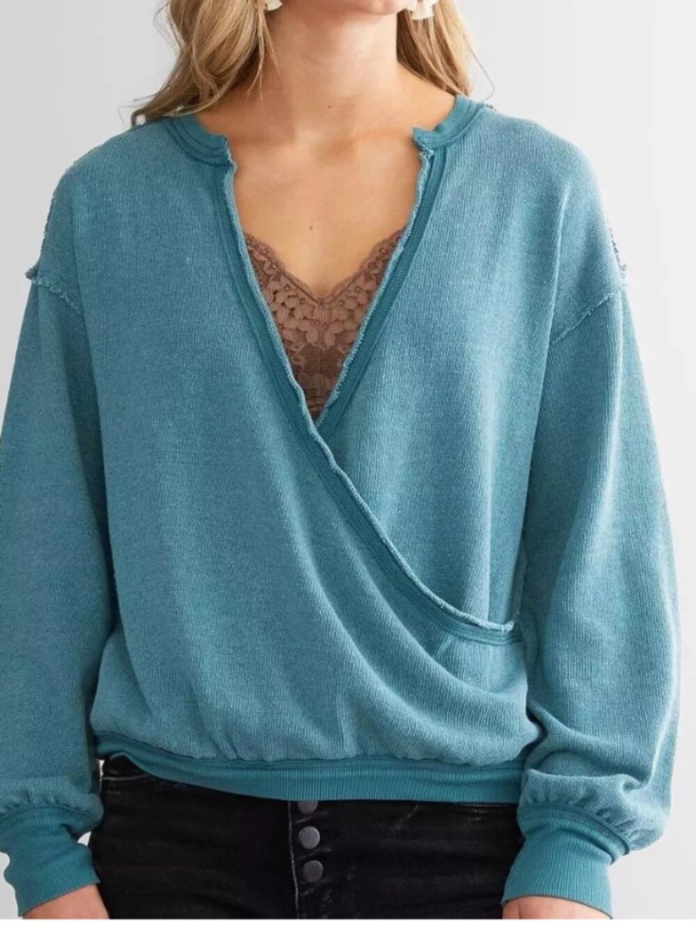 Free People Anyway Surplice Top Women’s Sz Large Deep Teal OB1378895 MSRP $68